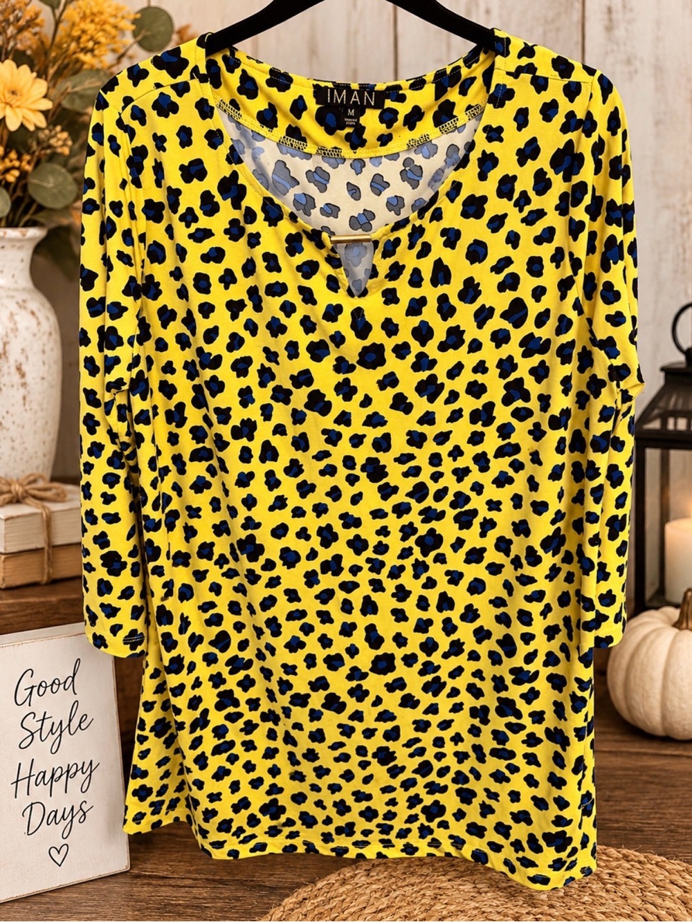 IMAN Yellow and Navy Animal-Print V-Neck Tunic